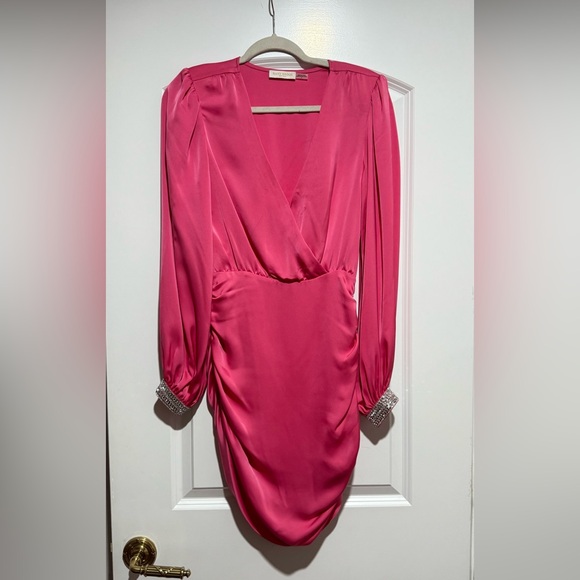 Ramy Brook Bright Pink Long-Sleeve Ruched V-Neck Mini Dress - Picture 3 of 6